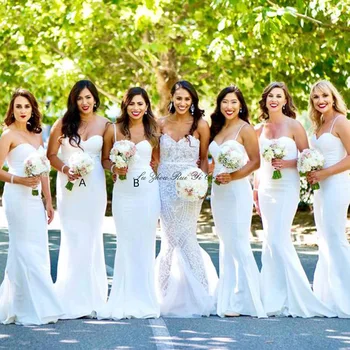 

White Satin Mermaid Bridesmaid Dresses 2020 Spaghetti Straps Long Wedding Party Dresses Lace Up Back Vestidos De Gala