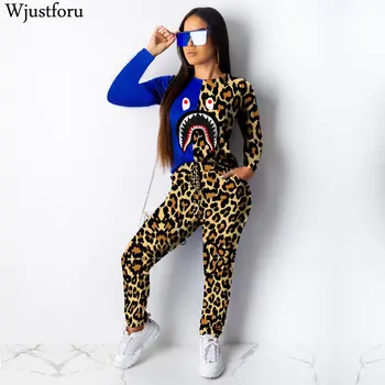 

Wjustforu Fashion Patchwork Leopard Tracksuit Women Casual Pullover Tops + Long Pants Femme New Winter 2 Piece Set Vestidos