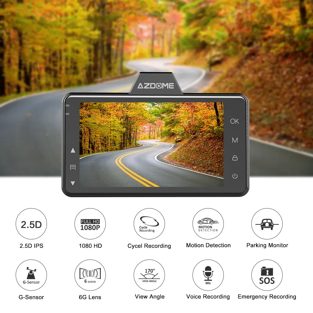 AZDOME Автомобильный видеорегистратор M01 Dash cam 3-дюймовый 2.5D экран 1080P HD регистратор усталость водителя 170 Угол обзора g-сенсор для Uber Lyft AZDOME Автомобильный видеорегистратор M01 Dash cam 3-дюймовый 2.5D экран 1080P HD регистратор усталость водителя 170 Угол обзора g-сенсор для Uber Lyft