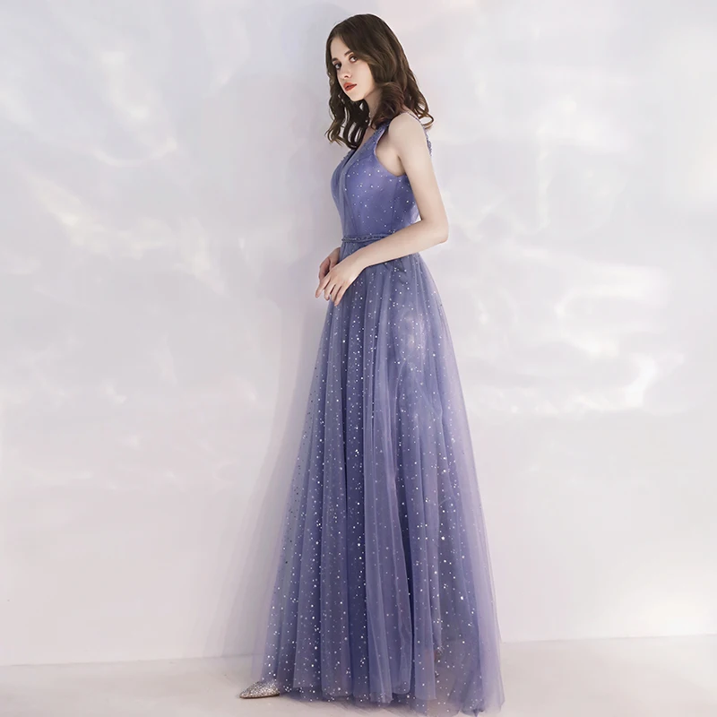 SSYFashion Новое Вечернее Платье простые элегантные серые синие с v-образным вырезом в пол блестящие Длинные Выпускные вечерние платья Robe De Soiree