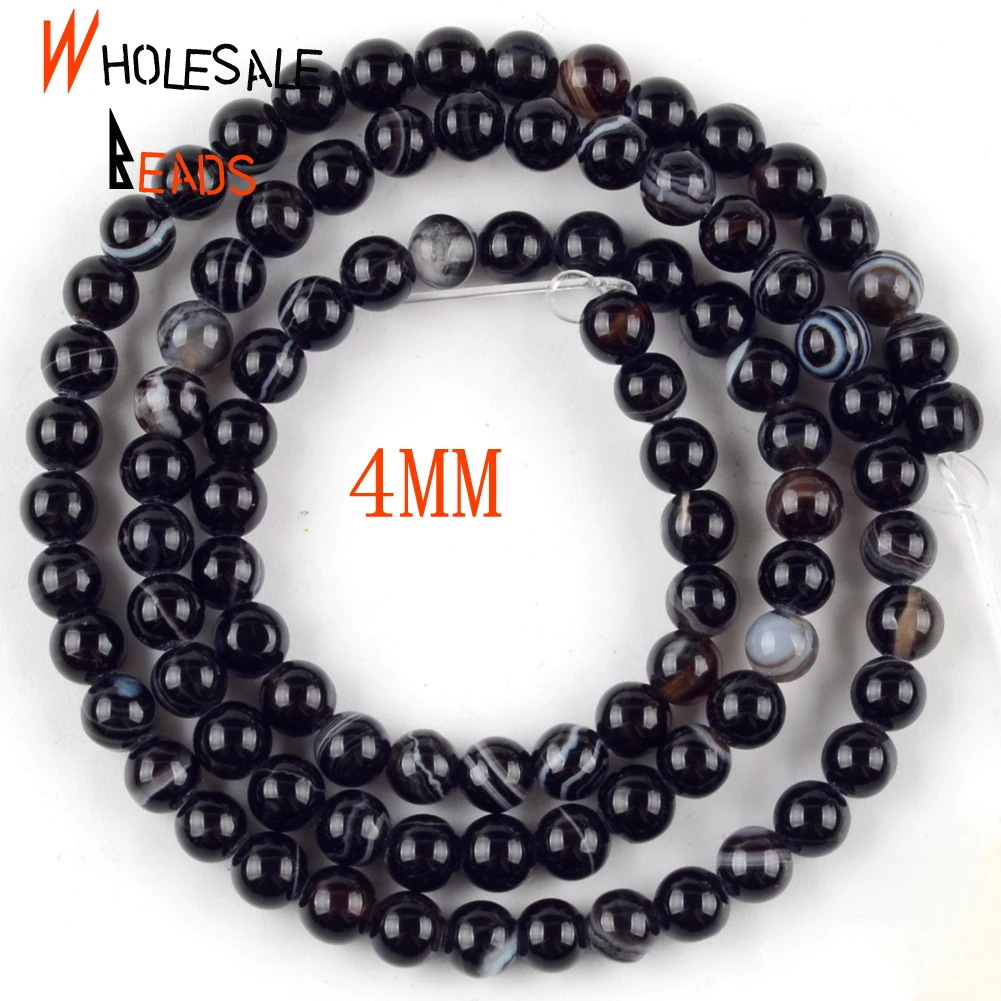 주얼리 제작용 천연 블랙 스트라이프 마노 스톤 비즈, 라운드 비즈, DIY 팔찌 액세서리, 4mm, 6mm, 8mm, 10mm, 12mm, 15 인치