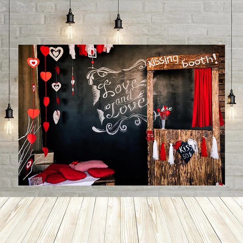 

Mehofond Valentine's Day Photography Background Red Love Wood Kissing Booth Baby Shower Decor Backdrop Photo Studio Photophone
