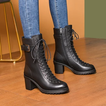

Winter Punk Genuine Leather Motorcycle Boots Party Night Club Shoes Woman Warm Fashion Women Ankle Boots