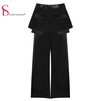 

Double Strawberry Fashion Autumn and Spring Women Leather Belt Short Skirt Girdle + Wide Leg Pants Two-piece Suit