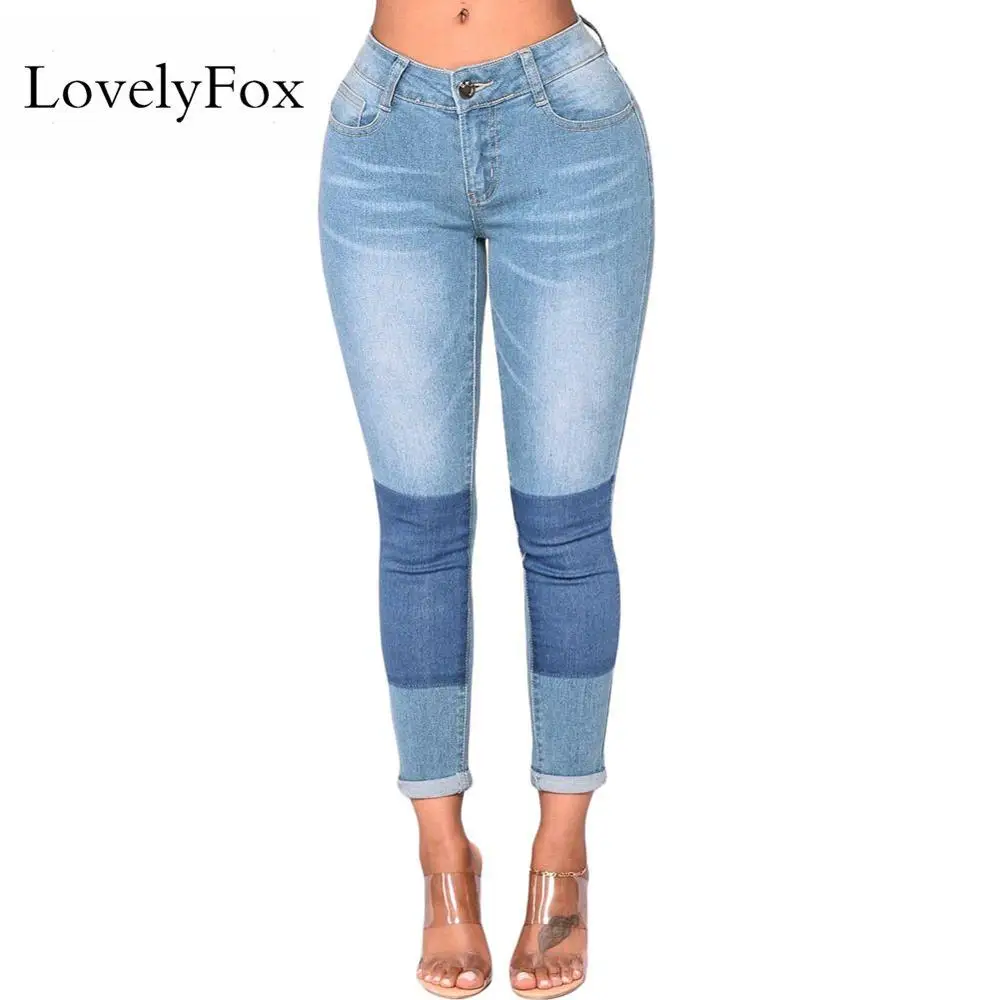 LovelyFox, Женский светильник, синие, с эффектом потертости, с цветными блоками, джинсы, деним, обтягивающие джинсы, женские модные штаны, топ, женские брюки