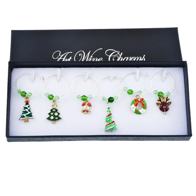 

1Set/6PCs Green Enamel Wine Glass Metal Christmas Series Charms Fit Wine Marker For Christmas Table Decor New Year Gift