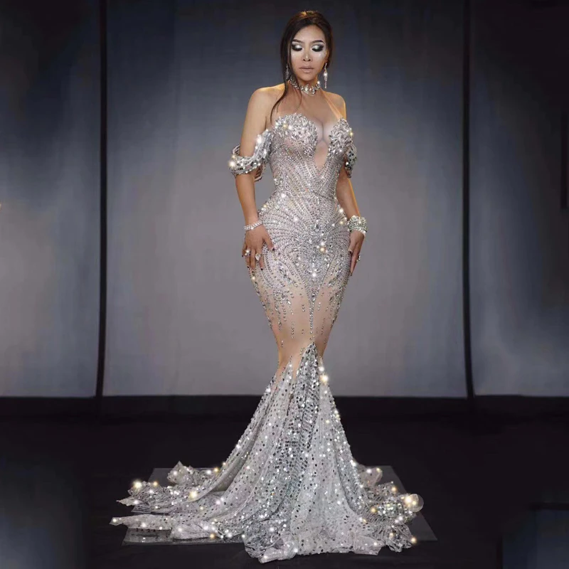 Сверкающие серебряные стразы с белой бахромой платье для женщин на день рождения, выпускной, представление наряд бар вечернее певица одежда vdb1133
