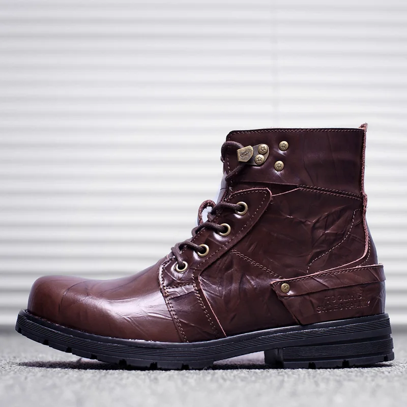 

New Autumn/Winter Men Boots With Fur Brown Fashion Cowboy Boots Mens Genuine Leather Motorcycle Boots Anti Slip Men Work Boot