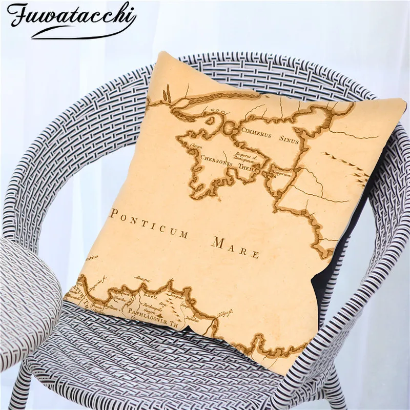 Fuwatacchi Earth Map Picture Cushion Cover Retro Yellow Style