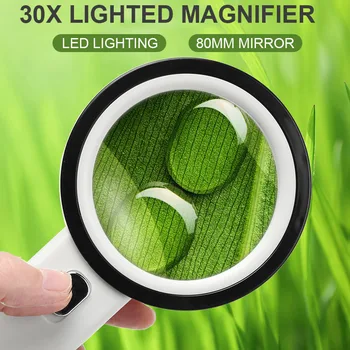 

Hand Held Magnifier Magnifying Glass 30X 12 LED Lights Education Archaeology Reading Practical Biological Desktop