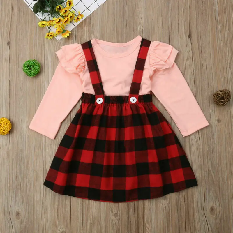 

2020 Pudcoco Newborn Set Baby Girls Christmas Clothes Autumn Winter Long Sleeve Ruffles Cotton Tops T-shirt+Plaid Skirts Outfits