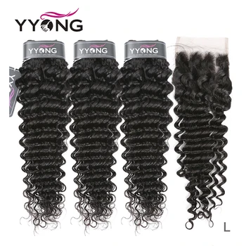 

Yyong Hair Deep Wave 3 Bundles With Lace Closure Human Hair Bundles Medium Ratio Peruvian Remy Human Hair With Closure 4x4 inch