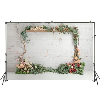 

Spring Backdrop Photography Background Brick Wall Flower Rattan Frame Decorations Kids Portrait Party Background Floral Banner