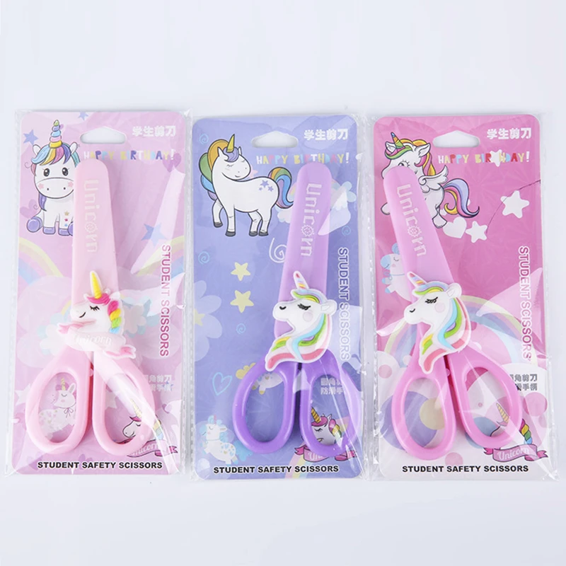 Tijeras de papel de seguridad con dibujos de unicornios para estudiantes, tijeras de arte con tapa protectora, suministros de oficina y escuela, papelería para niños