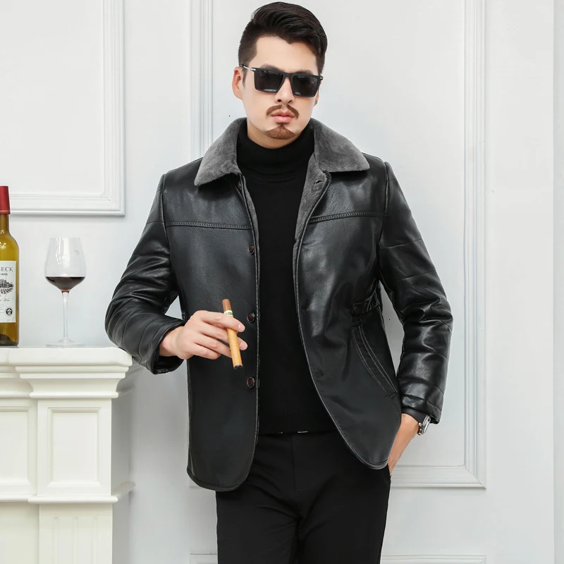 

big size 5XL high quality Men's Real Leather Bomber Jacket with Fur Collar Genuine Leather Pigskin Jackets Winter Warm Coat Men