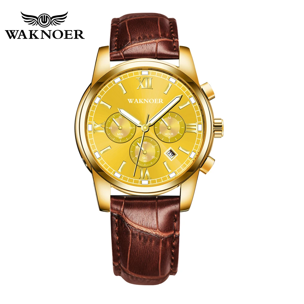 brown gold WAKNOER Модные мужские нарядные часы с кожаным ремешком водонепроницаемые светящиеся часы мужские часы кварцевые повседневные наручные часы erkek kol saati - Цвет: brown gold