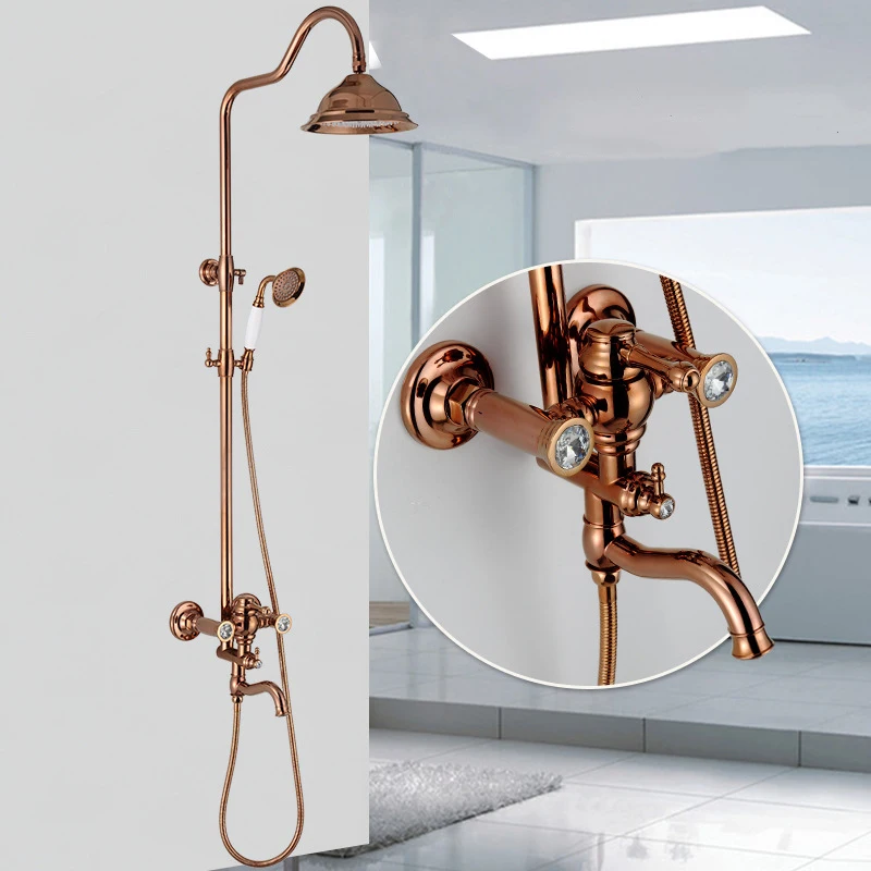 8" Stainless Steel Wall Mounted Rainfall Bathroom Faucets Dual Handles Water Mixer Tap In Rose Gold