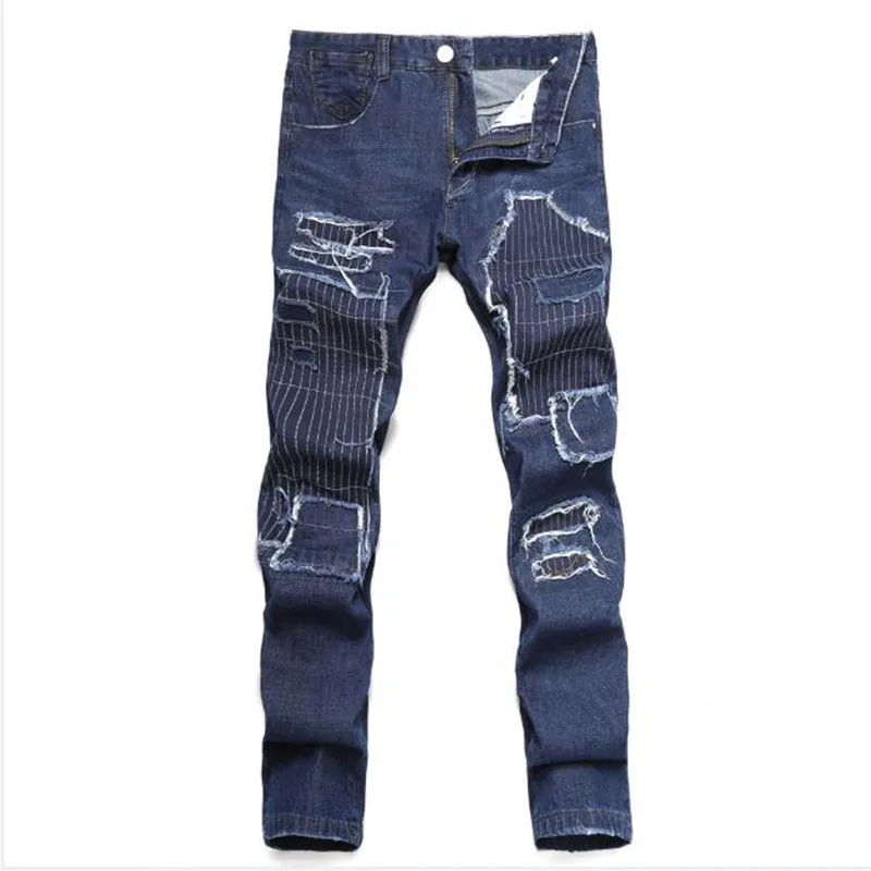New Mens Ripped Jeans Spring Patch Slim Fit Black Blue Denim Pants Male Jeans Distressed Destroyed Trousers pantalones hombre