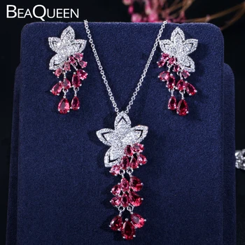 

BeaQueen Rose Red Cubic Zirconia Crystal Flower Tassel Drop Earrings Necklace Elegant Party Jewelry Sets for Women JS172