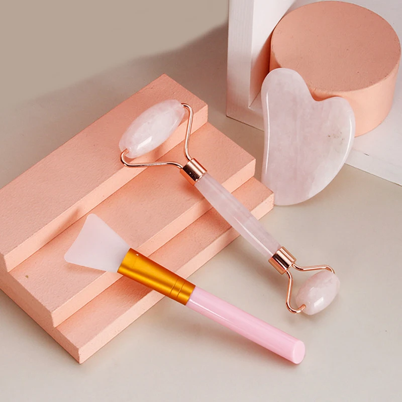 

Natural Stone Rose Quartz Roller Facial Jade Roller Gua Sha Scraper Mask Brush Set Face Lift Massager Body Guasha Skin Care Tool