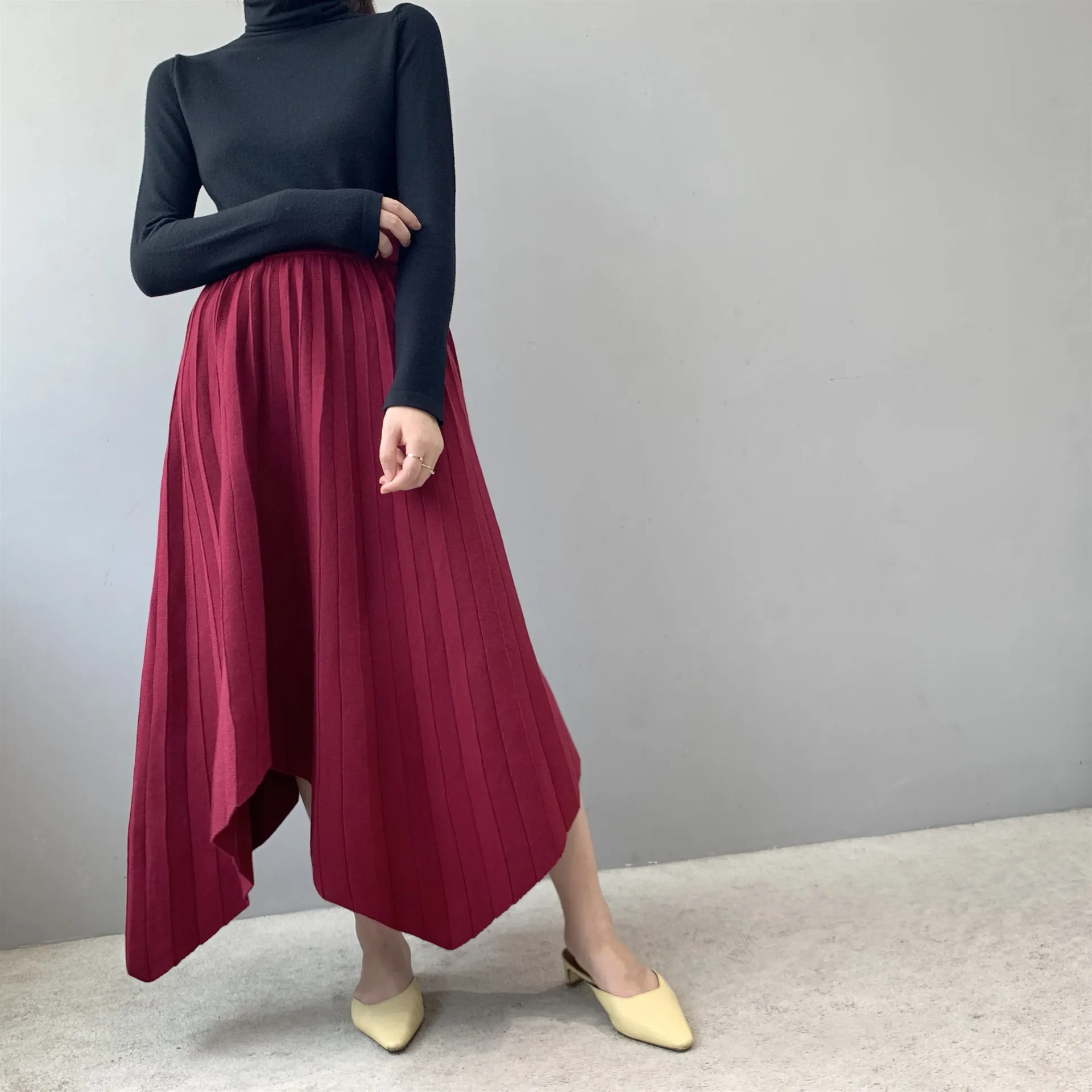 Wine red Для женщин юбка осень-зима теплое вязаное юбка с высокой талией в европейско-американском стиле, стильная и легкая плиссированная юбка однотонной расцветки saia - Цвет: Wine red