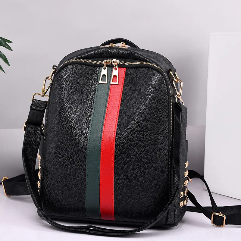 

Backpack Women's New Style Stripes Rivet Element Backpack Korean-style Fashion And Personality Students Versatile PU Backpack
