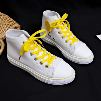 

New Fashion Spring High Top Vulcanized Shoes Woman White Green Shoes Sneakers Stylish Girls Shoes Lace Up Canvas Shoes W31-78