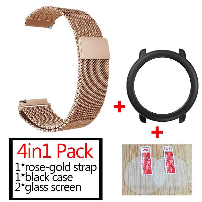 3в1 Для xiaomi Huami Amazfit pace ремешок для часов металлический Миланский ремешок+ защитный чехол для наручного ремня+ Защитное стекло для экрана - Цвет: rose gold-black