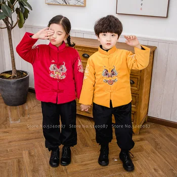 

Children Chinese Traditional Hanfu Coat Boy Tiger Embroidery Tang Suit Kids Girls Festival New Year Outfits Winter Clothing Sets
