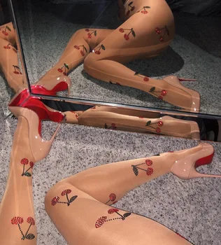 

Women's Mesh Stockings, See-Through Pants, Cherry Printed Diamond Summer Elastic Leggings