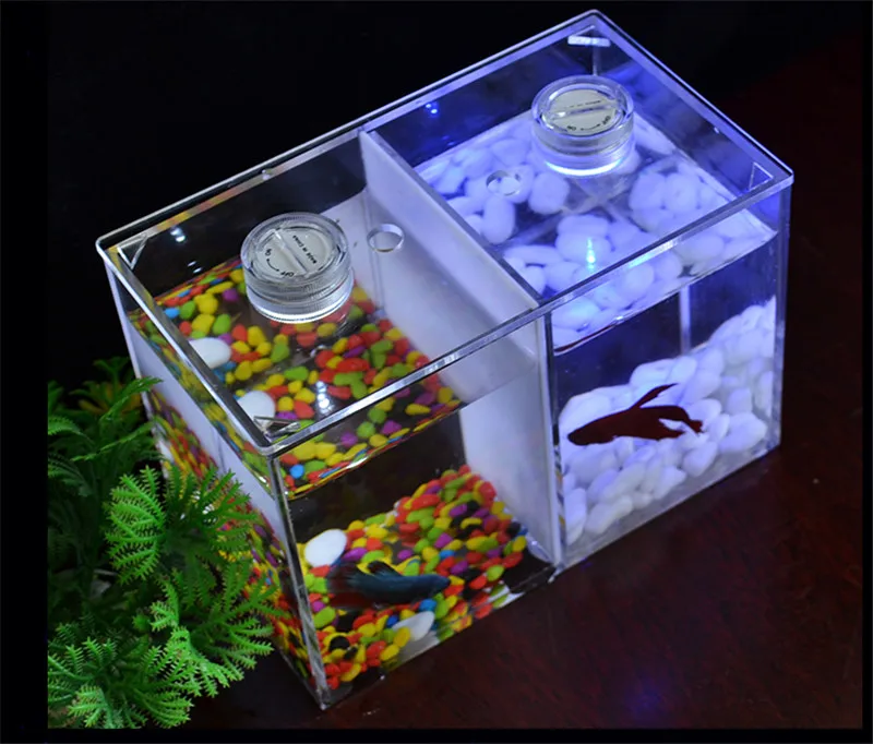 Двойной отсек акриловая открытые аквариумы мини настольный аквариум с светодиодный имитация водное растение