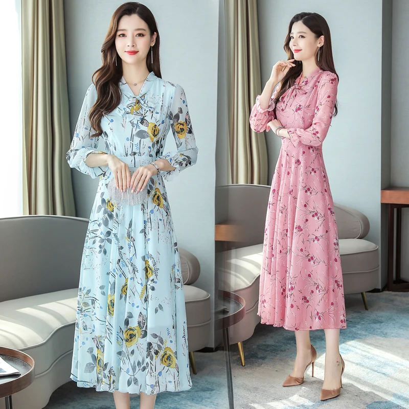 

2178# 2019 Autumn Plus Size New Women Fashion Long Sleeve Bow Chiffon Floral Printed Maxi Dress Casual Dress Female Vestidos