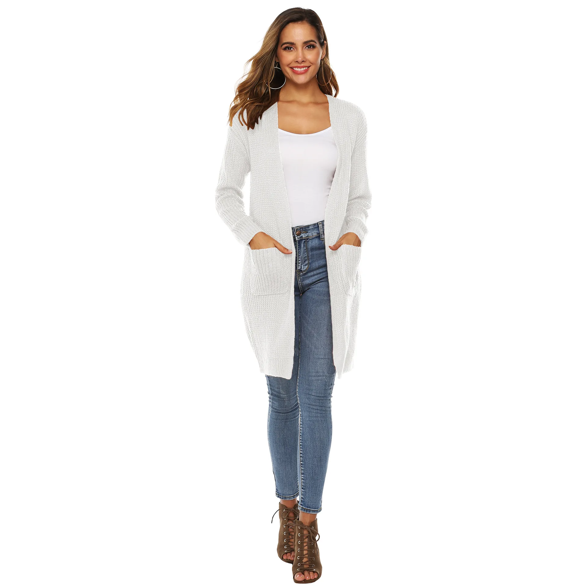 KALENMOS Women Fashion Autumn Winter Mid Length Knitted Cardigans Ladies Casual Long Sleeves Pocket Warm Sweater Plus Size