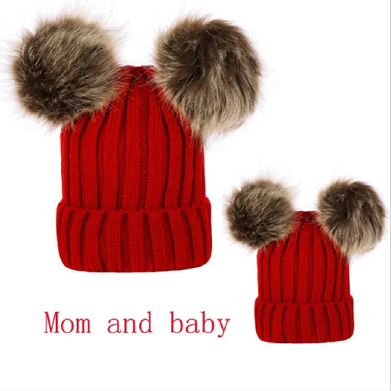 Новая женская зимняя шапка с помпоном, шапка с двойным помпоном, зимняя вязаная шапка для женщин и детей, зимняя шапка для родителей и детей