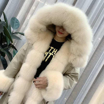 women Parka Winter Coats fox Fur Jacket Hooded Coat rabbit lining 2019new - Color: beige collar