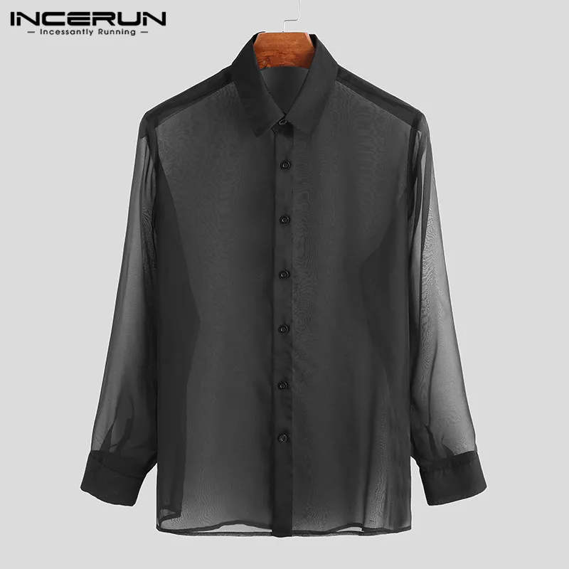 INCERUN, модная сетчатая рубашка, мужская, с длинным рукавом, с отворотом, прозрачная, на пуговицах, блузка, вечерние, для ночного клуба, мужские рубашки, S-3XL