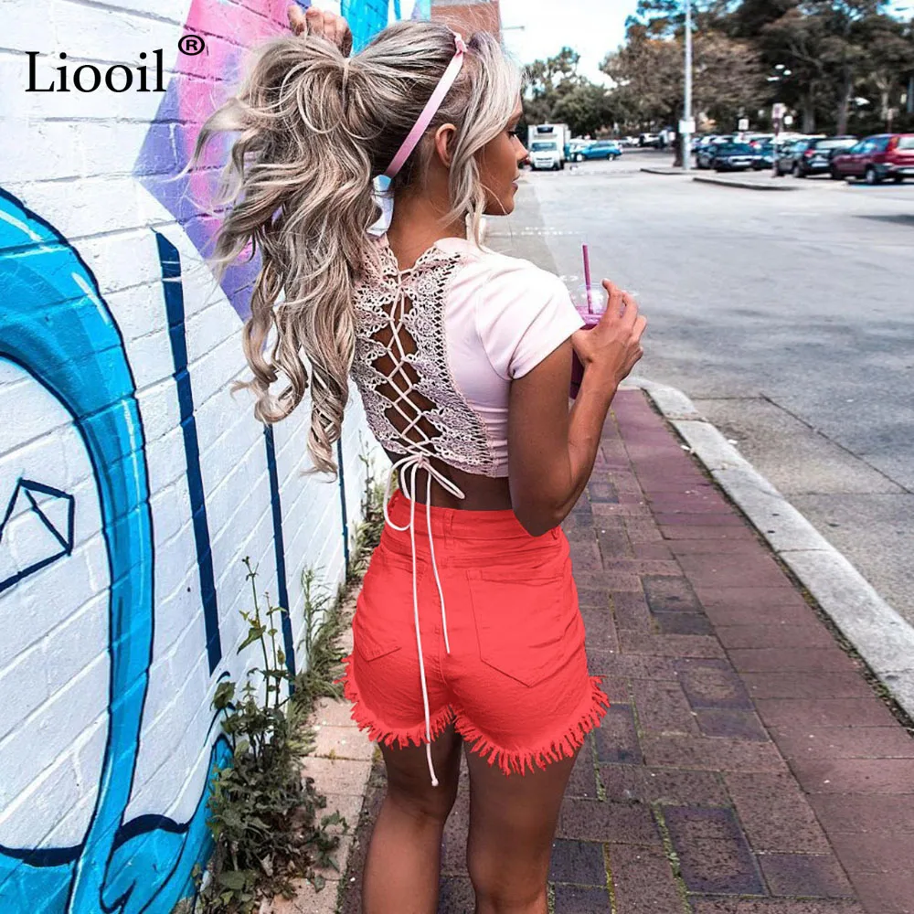 Шорты Liooil женские джинсовые с бахромой облегающие повседневные завышенной
