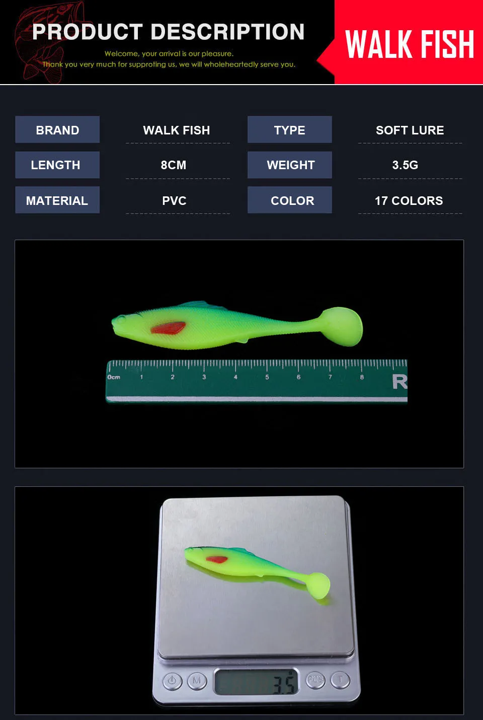 WALK FISH, 4 шт./лот, приманка для рыбалки, Мягкая наживка, 8 см, 3,5 г, мягкий свимбейт в форме червя, воблер, пластиковая приманка для ловли щуки