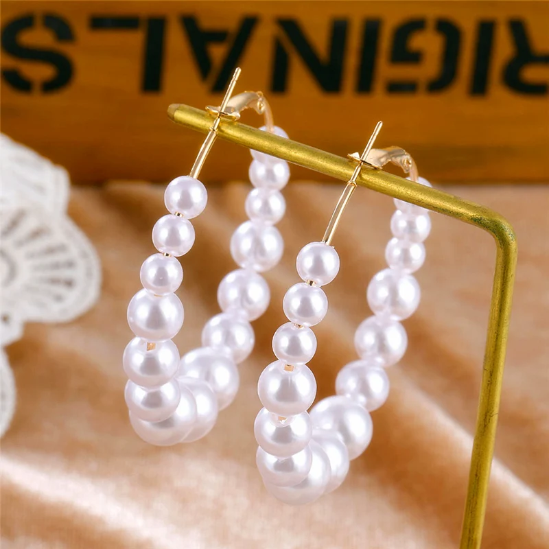 Bohemian White Imitation Pearl Hoop Earrings For Women Gold Big Circle Korean Jewelry Brincos Statement Bijoux | Украшения и