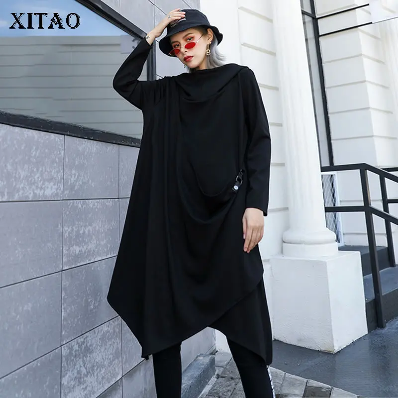 

XITAO Irregular Pleated Plus Size Dress Fashion New 2019 Autumn Black Pullover Elegant Small Fresh Minority Loose Dress WLD2562