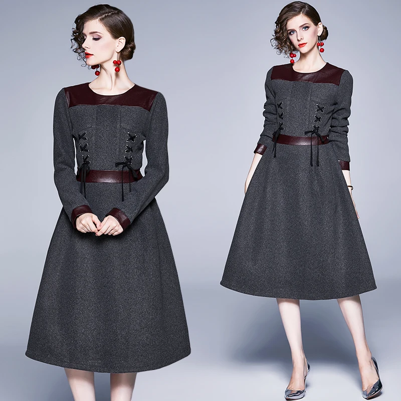 Новинка, серое шерстяное зимнее платье миди с длинным рукавом, Moda Mujer,, женское вечернее платье с длинным рукавом, Robe Femme Hiver K6575