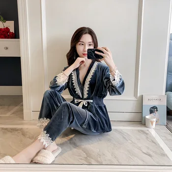 

3PCS Pajamas Suit Women Casual Lounge Nightwear With Lace Sleepwear Velvet Sleep Set V-neck Velour Autumn Winter Home Clothing