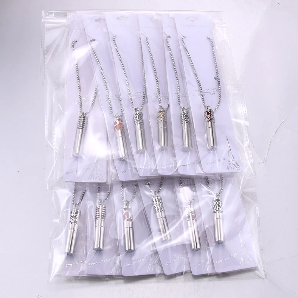 6Pcs/Lot New Cylindrical Mixed Stainless Steel Aromatherapy Necklace Women's Fashion Jewelry Open Pendant Perfume Oil Necklace