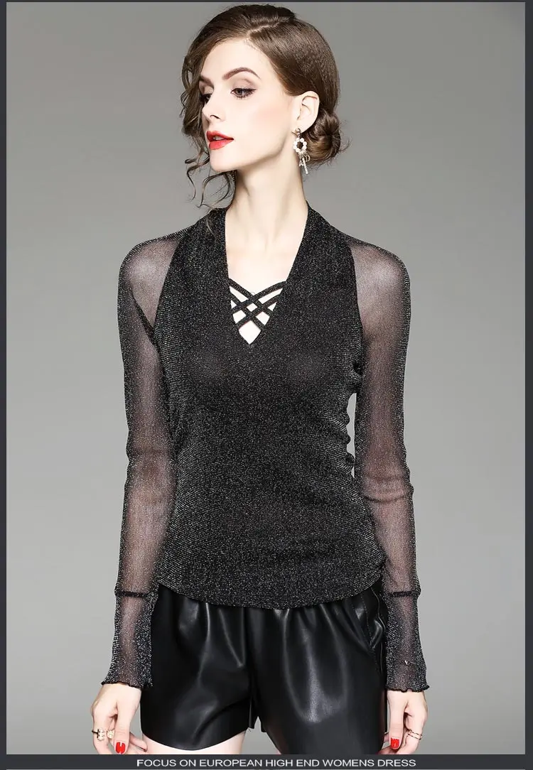 Весна и лето новая футболка женская мода сплайсинга сетки Тонкий джемпер топ с высоким воротом большая женская рубашка