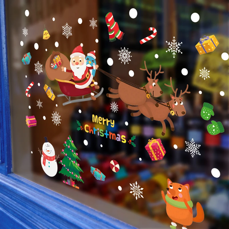 Веселые рождественские настенные наклейки на окна, стеклянные праздничные настенные наклейки, настенные панно с Санта-Клаусом, Новогодние рождественские украшения для домашнего декора