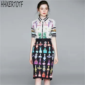

Fashion Summer Multi-coloured Two Pieces Set Women's Short Sleeve Shirt Top and Empire Perfume Bottle Print Zipper Skirts Suits