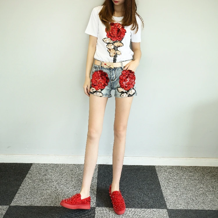 

QA1203 High-end rose embroidery denim shorts Korean style women fashion sequined jeans shorts feminino