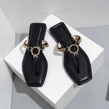 

Women Metal Chain Flip Flops Slippers Female Square Toe Summer Round Button Slides Ladies Casual Sewing Flat Plus Size