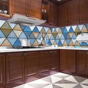 Colorful Retro Triangles Strip Tiles Wall Stickers Bathroom Kitchen Wardrobe Table Decoration Wallpaper Waterproof PVC Art Mural