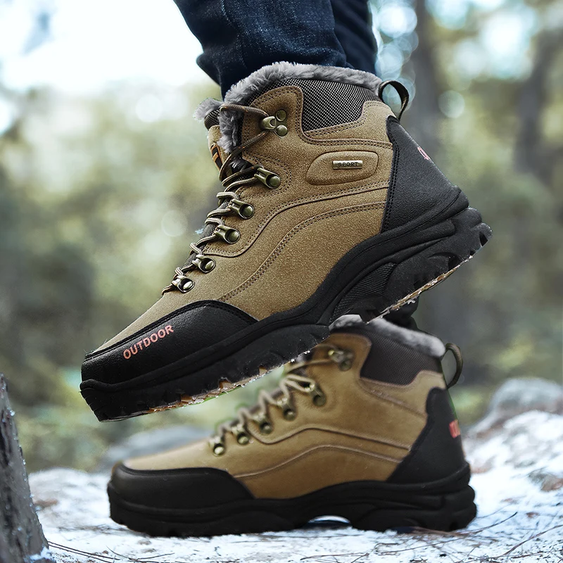 Khaki Large Size 47 Men Hiking Shoes Waterproof Tactical Boots Outdoor Climbing Sneaker Winter Warm Trekking shoe High-top Plus Velvet - Цвет: Khaki